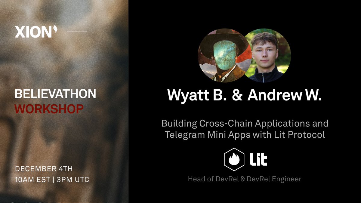 Build truly novel consumer apps by combining XION's abstractions with Lit's programmable signing, encryption &amp; compute functionality.

Come join <a href="/LitProtocol/">Lit Protocol 🔑</a>'s workshop to learn how to build cross-chain applications and Telegram mini apps.

Wednesday, December 4th at 12pm EST