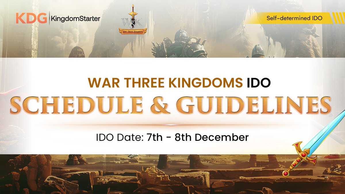 Kingdomstarter's tweet photo. 📢@war3kingdom IDO - Detailed schedule & guidelines ⚡️⚡️

✅Ticker: W3KT (TON)
✅Total supply: 1,000,000,000 TON
✅IDO price: $0.02
✅Total Raise on KingdomStarter: $150,000
✅Vesting period: 100% TGE

✍️Stake at: https://t.co/454TaLVPsH

☀️Commit time: 5AM December 7th - 1PM December 8th (UTC)

☀️Listing time: 9th December

🎯Note: From April 2024, please use Metamask for IDO in KDG