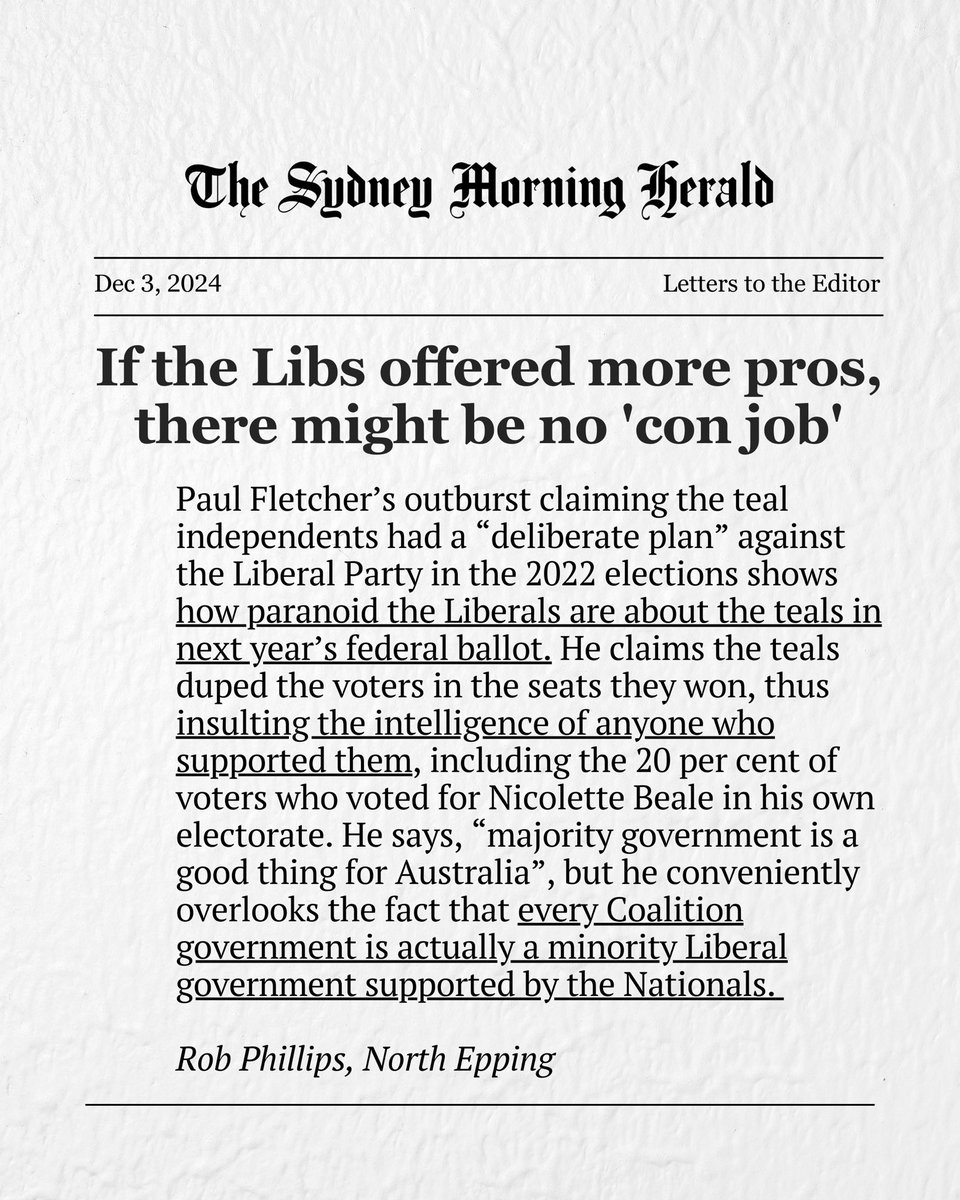 Nicolette Boele - Independent for Bradfield (@nicolette_boele) on Twitter photo 🗞️ The <a href="/smh/">The Sydney Morning Herald</a> published some very powerful letters to the editor this morning.
While our current representative faces growing criticism in the community, I remain focused on listening to your concerns and fighting for the values that matter most.
Remember - better is possible. 🗞️ The <a href="/smh/">The Sydney Morning Herald</a> published some very powerful letters to the editor this morning.
While our current representative faces growing criticism in the community, I remain focused on listening to your concerns and fighting for the values that matter most.
Remember - better is possible.
