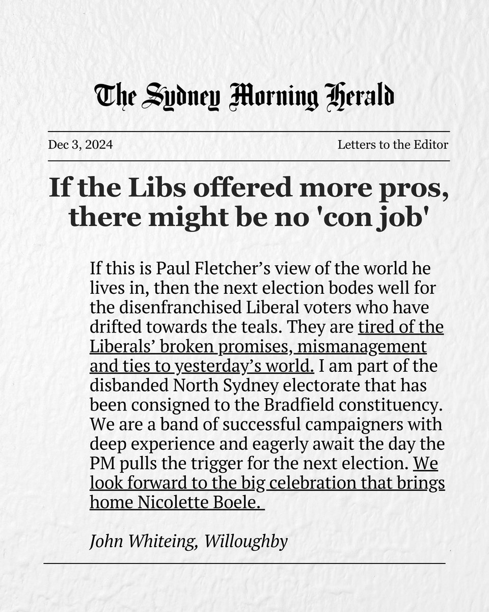 Nicolette_Boele's tweet photo. 🗞️ The @smh published some very powerful letters to the editor this morning. 

While our current representative faces growing criticism in the community, I remain focused on listening to your concerns and fighting for the values that matter most. 

Remember - better is possible. https://t.co/m8Am4CSTTV