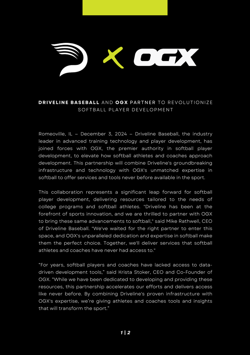 DrivelineSB's tweet photo. OGX is partnering with @DrivelineBB to revolutionize softball player development by integrating Driveline’s advanced infrastructure with OGX’s softball expertise. This collaboration introduces innovative tools and resources for athletes and college programs. 

Read more below. https://t.co/mIRQqvoJ0m