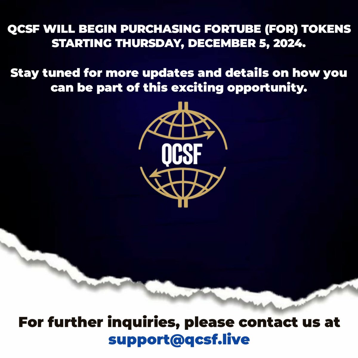 nasserAHD_'s tweet photo. The QCSF Sales for the ForTube (FOR) token will officially begin on Thursday, December 5, 2024.
Stay tuned for additional updates and detailed information regarding the upcoming sales.
#QCSF #Upcoming #ForTube https://t.co/NDVEFpmKoR