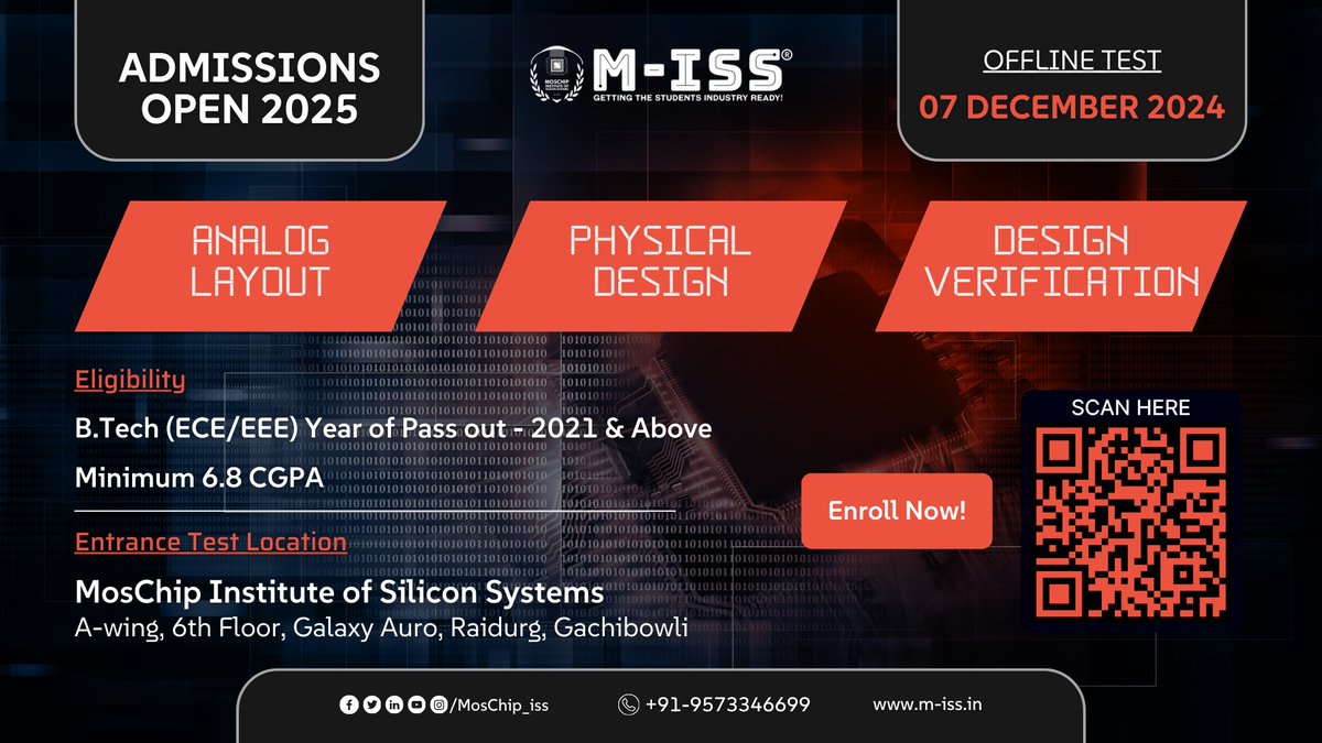 📈 Elevate Your #VLSI Skills with M-ISS!
🎯 Gain expertise in:
- Analog Layout
- Physical Design
- Design Verification
🚀 Fast-track your career with hands-on learning.
📆 Test Date: December 7, 2024
#Register Today! - zurl.co/yti0 x.com/messages/compo…