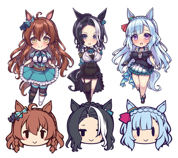 デフォルメウマ娘2024年版メジロ家向けにちょっと頭身を上げてよりディテールを出してみました。ついでに作ってたツ○ツ○的な顔が気楽ですんごい楽しかったな…#ウマ娘#メジロブライト#メジロラモーヌ#メジロアルダン 