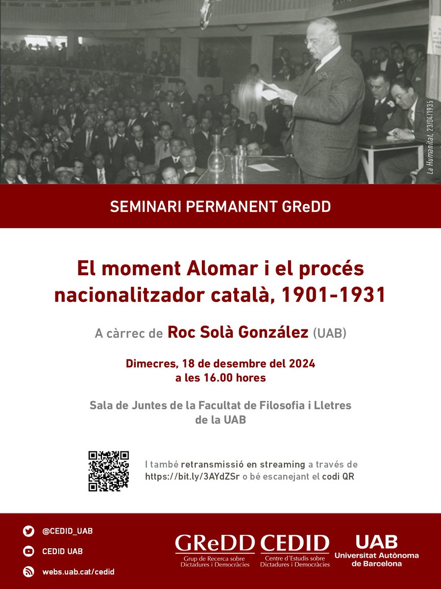 Encarem desembre amb la vista posada en l'última activitat de l'any!

🗓️ 18 de desembre a les 16h, seminari GReDD sobre "El moment Alomar i el procés nacionalitzador català, 1901-1931".

🗣️ Amb <a href="/Roc_Sola_/">Roc Solà</a>

📍 Sala de Juntes de <a href="/uablletres/">Filosofia i Lletres</a>

💻 I streaming: bit.ly/3AYdZSr