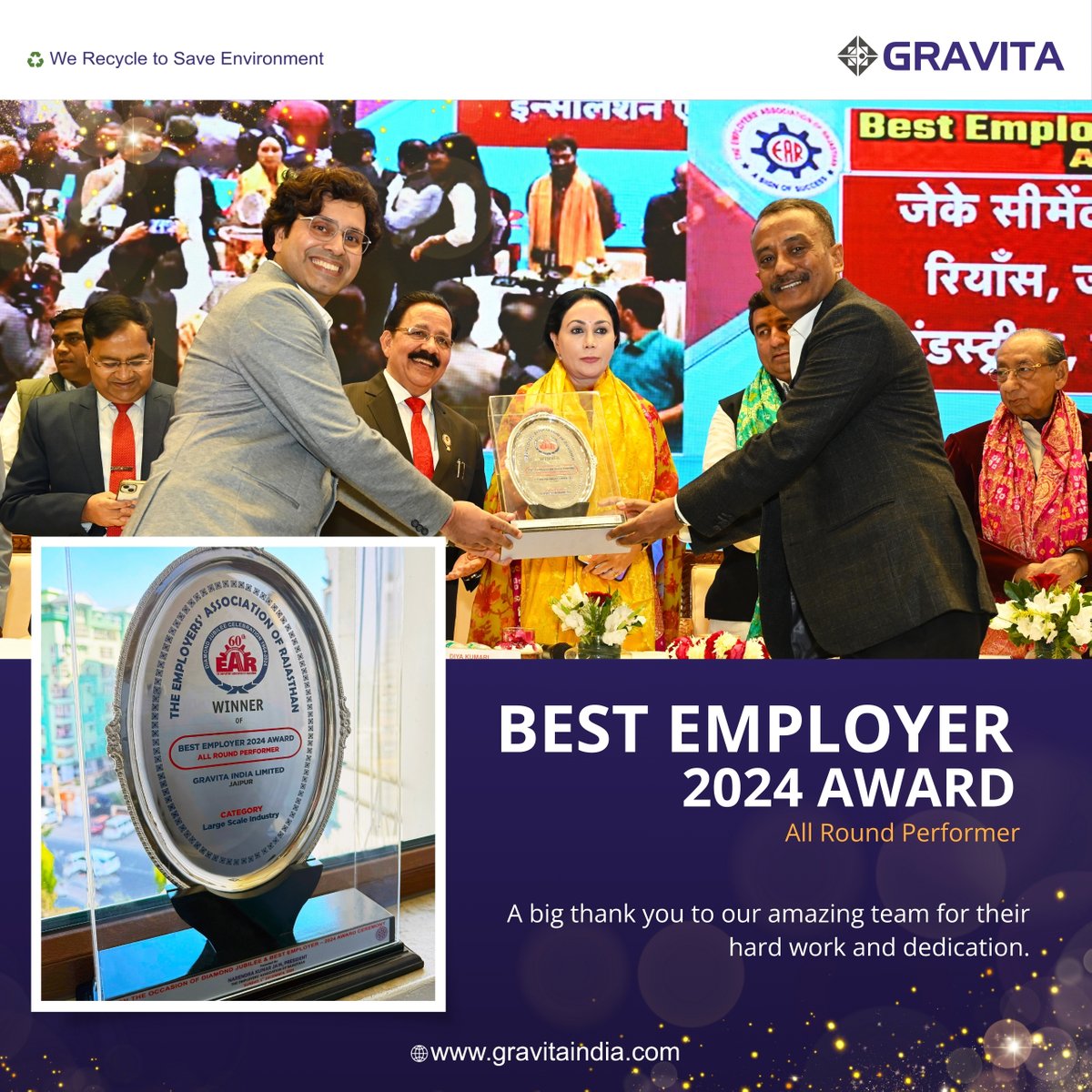GravitaIndiaLtd's tweet photo. Thrilled to win the "Best Employer 2024 Award" for excellence in large-scale industries from the Employers' Association of Rajasthan!

This award is a testament to our commitment to creating a positive and happy work environment where our employees can '#WorkwithPleasure'. https://t.co/2YU4eNN6BQ