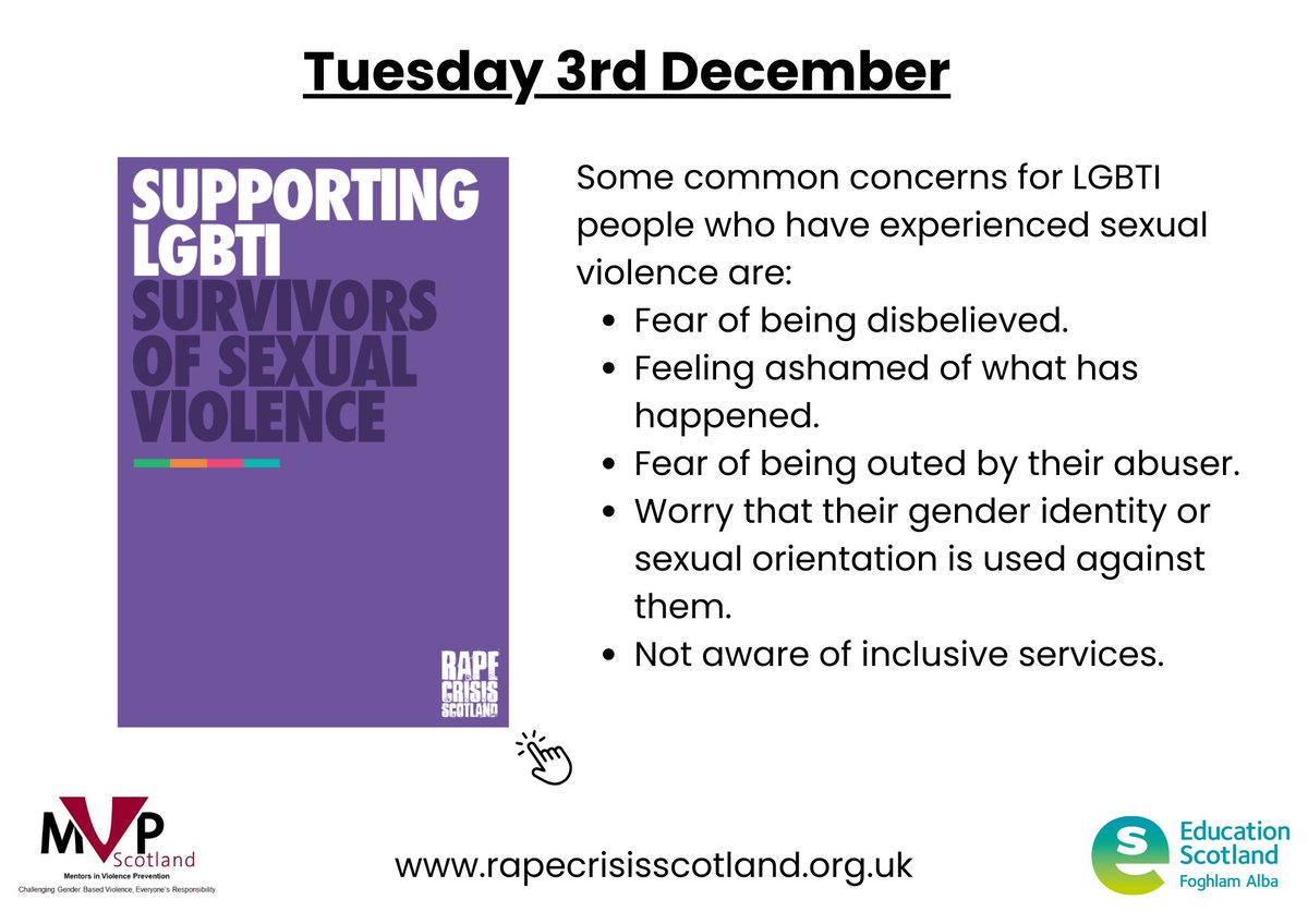 MVP Scotland (@mvpscot) on Twitter photo 16 days of activism - Day 9️⃣‼️
<a href="/EducationScot/">Education Scotland</a> <a href="/ESInclusionTeam/">EdScot Inclusion Wellbeing & Equalities</a>
rapecrisisscotland.org.uk/resources/lgbt… 16 days of activism - Day 9️⃣‼️
<a href="/EducationScot/">Education Scotland</a> <a href="/ESInclusionTeam/">EdScot Inclusion Wellbeing & Equalities</a>
rapecrisisscotland.org.uk/resources/lgbt…