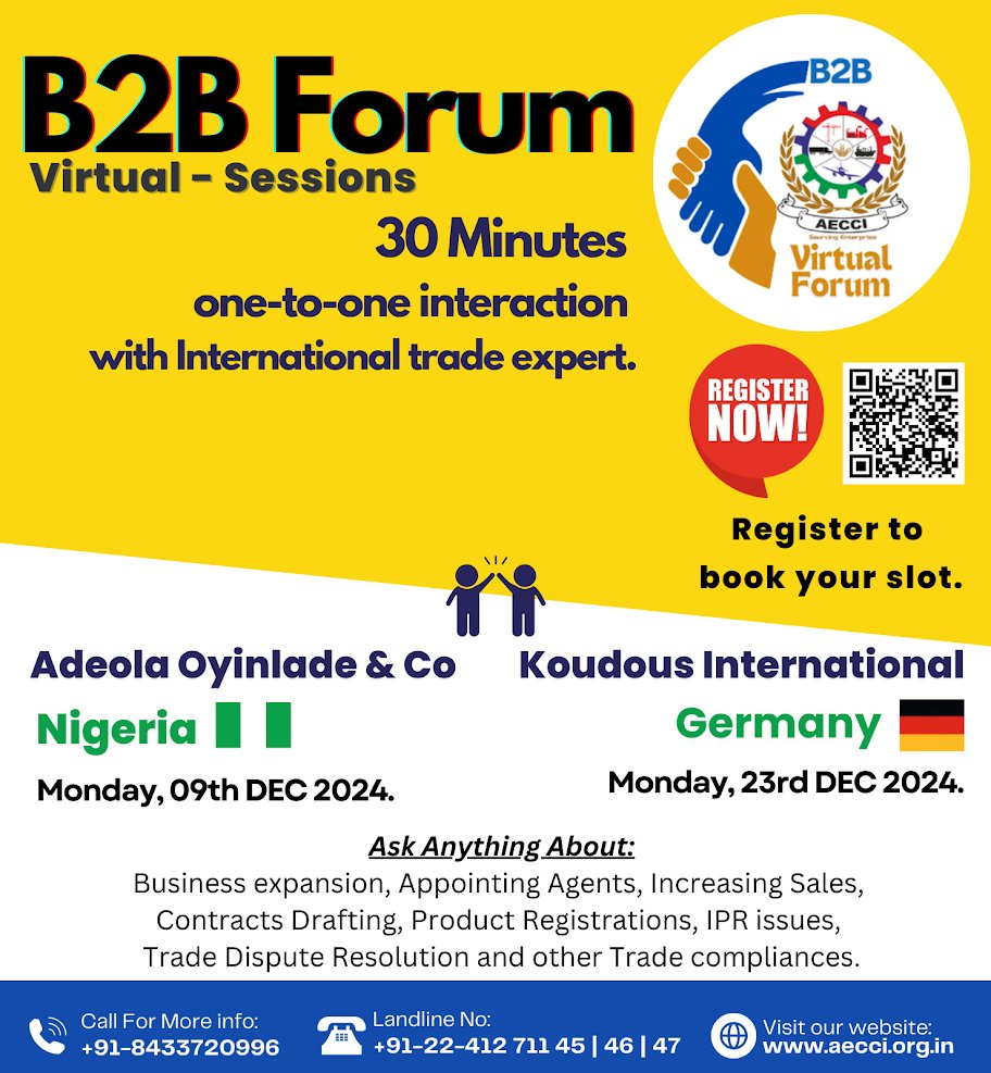 aecci2015's tweet photo. #Exporters #internationaltrade #nigeriaexport #germanyexport #Pharmaceuticals #b2bmarketing #internationalbusiness
AECCI is excited to bring back AECCI’s #Virtual B2B Forum, one-to-one trade discussions #NIGERIA and #GERMANY Scan the QR code and #register now. 
Call/WA 8433720996 https://t.co/OW13KhJi4L