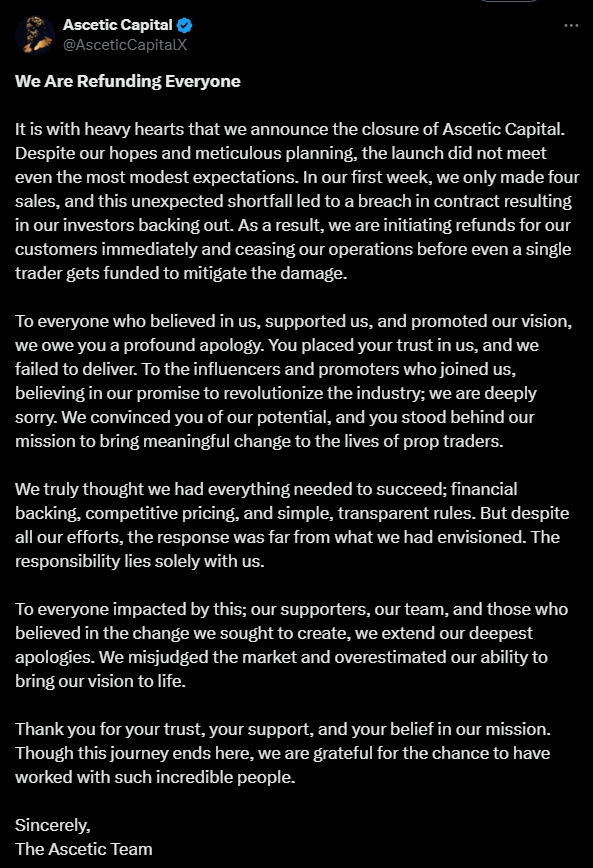 FairPropReview's tweet photo. 📢 Important Update from @AsceticCapitalX
We're closing operations and offering refunds for eligible accounts. Thank you for your trust and support! 💙
#FairPropReview #AsceticCapitalX #Transparency #TraderSupport https://t.co/HM6shXUtR4