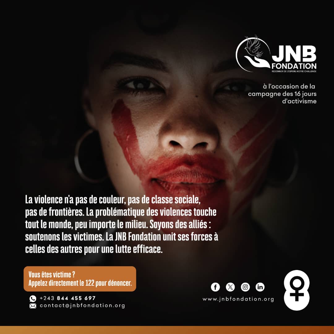 jnb_fondation's tweet photo. #16JoursdActivisme, #VSBG
la JNB Fondation unit ses forces à celles des autres pour une lutte efficace. @ONUFemmesRDC @mingefae @leonnie_kandolo @jolieNdaya01 @50Femmes @VlfCongo @maguy_mbuku @grady_beya77634 @SpecialeYelu https://t.co/UwxEctEczr