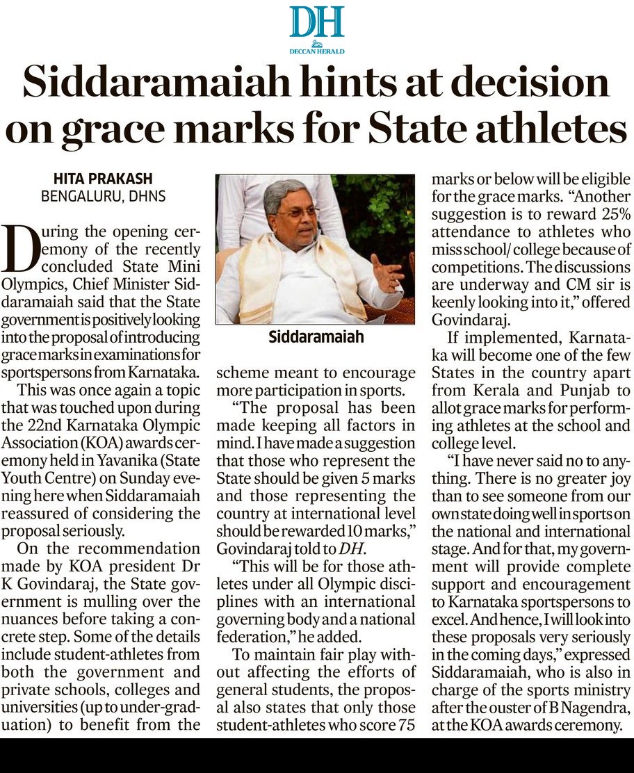 Hita Prakash (@hitaprakash) on Twitter photo A possible 5-10 marks as grace for performing student athletes in schools, colleges & universities across Karnataka could become reality soon.
<a href="/DeccanHerald/">Deccan Herald</a> <a href="/siddaramaiah/">Siddaramaiah</a> <a href="/Iam_KGovindaraj/">Dr. K Govindaraj</a> #sports #Karnataka
Read: shorturl.at/03U3i A possible 5-10 marks as grace for performing student athletes in schools, colleges & universities across Karnataka could become reality soon.
<a href="/DeccanHerald/">Deccan Herald</a> <a href="/siddaramaiah/">Siddaramaiah</a> <a href="/Iam_KGovindaraj/">Dr. K Govindaraj</a> #sports #Karnataka
Read: shorturl.at/03U3i