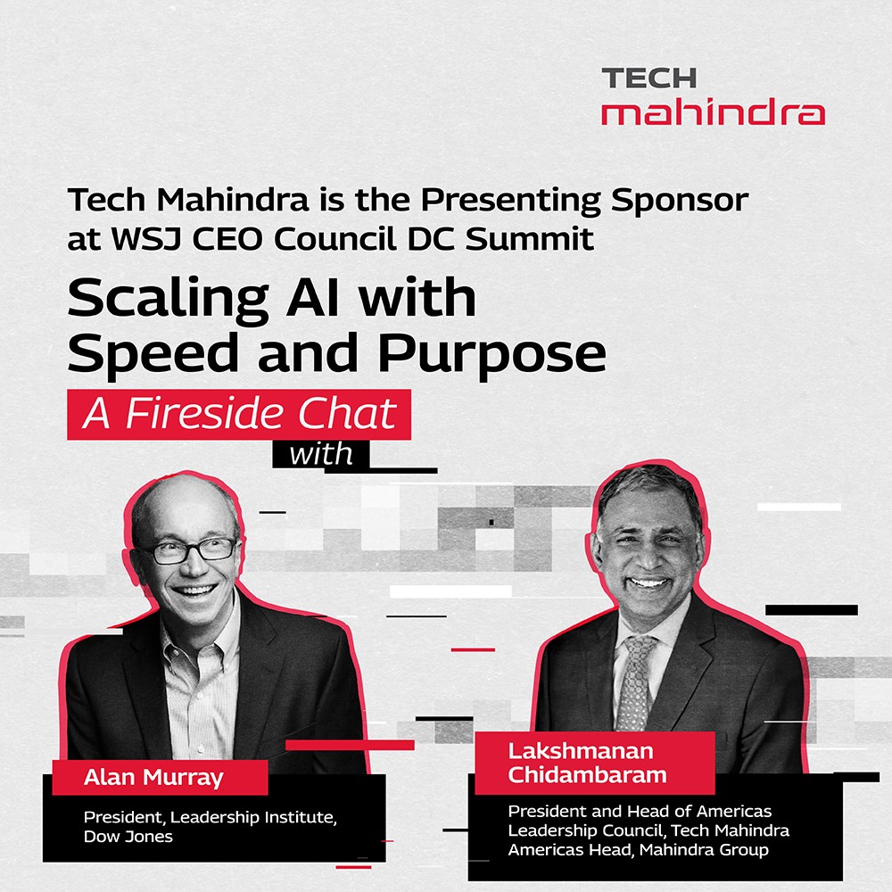 tech_mahindra's tweet photo. As the world accelerates toward an #AI-driven future, scaling AI with intent and speed has never been more crucial. Today, we can see a widening gap between those who dream about #GenAI’s potential and those who are already reaping its rewards.
Catch @C_T_Lakshmanan– President and Head of Americas, Leadership Council, @Tech_Mahindra, Americas Head, @MahindraRise, on the mainstage, in a fireside chat with Alan Murray, President, Leadership Institute, @DowJones, at the upcoming WSJ CEO Council Summit, where he will share more on how businesses can utilize the transformative power of AI to achieve unparalleled growth.
Tech Mahindra is the proud Presenting Sponsor at the @WSJ CEO Council Summit.
Know More: https://t.co/fnJzLvyxzQ
#WSJCEOCouncil #ScaleAtSpeed #DigitalTransformation #TechMatWSJCEOCouncil