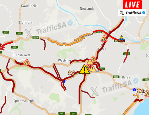 TrafficSA's tweet image. Durban - LIVE:  #TaxiStrike at Spaghetti Junction 
N3 West:  OPEN 
N3 East: HEAVY DELAYS 
Alt Routes:  VERY BUSY