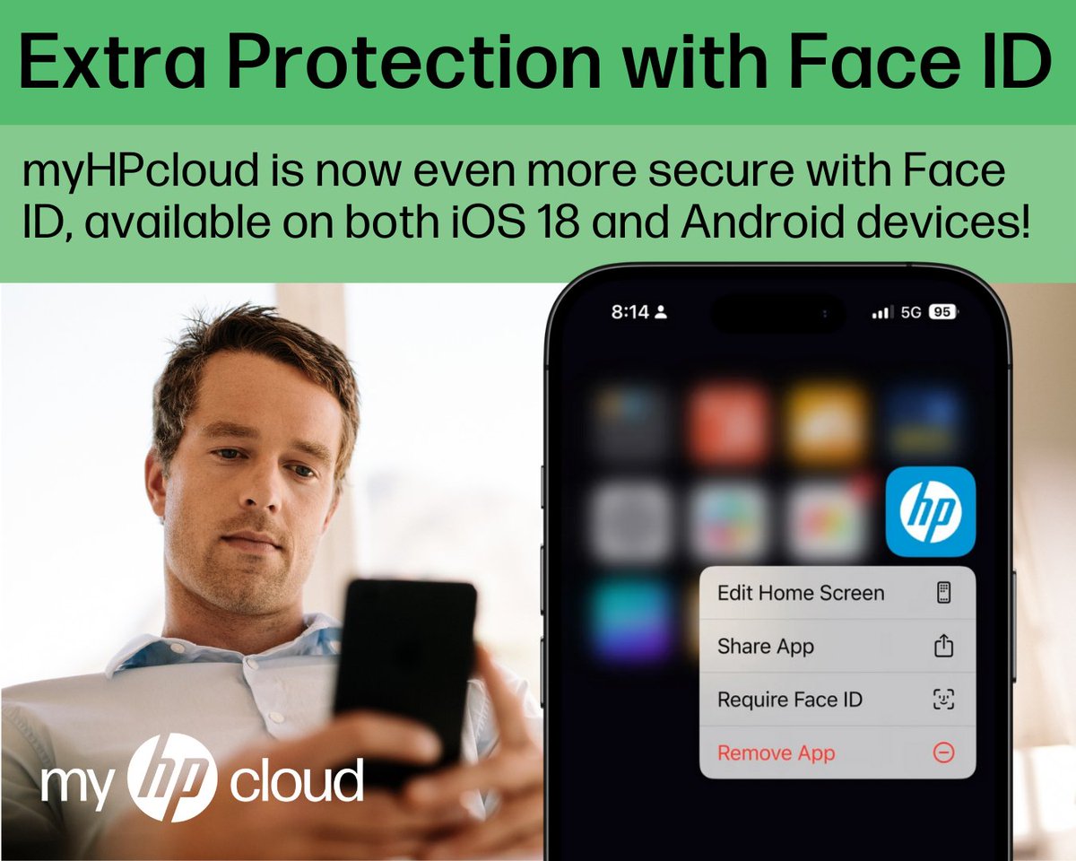 myHPcloud's tweet photo. 🎉 #myHPcloud is now safer with Face ID Unlock!
Protect your app in 2 easy steps:
1️⃣ Register your face in Face ID/recognition settings.
2️⃣ Enable app lock in settings (iOS: long press app icon, Android: check app or phone settings).
🔒 Simple, secure, and ready to go! https://t.co/mq0rLNLXLv