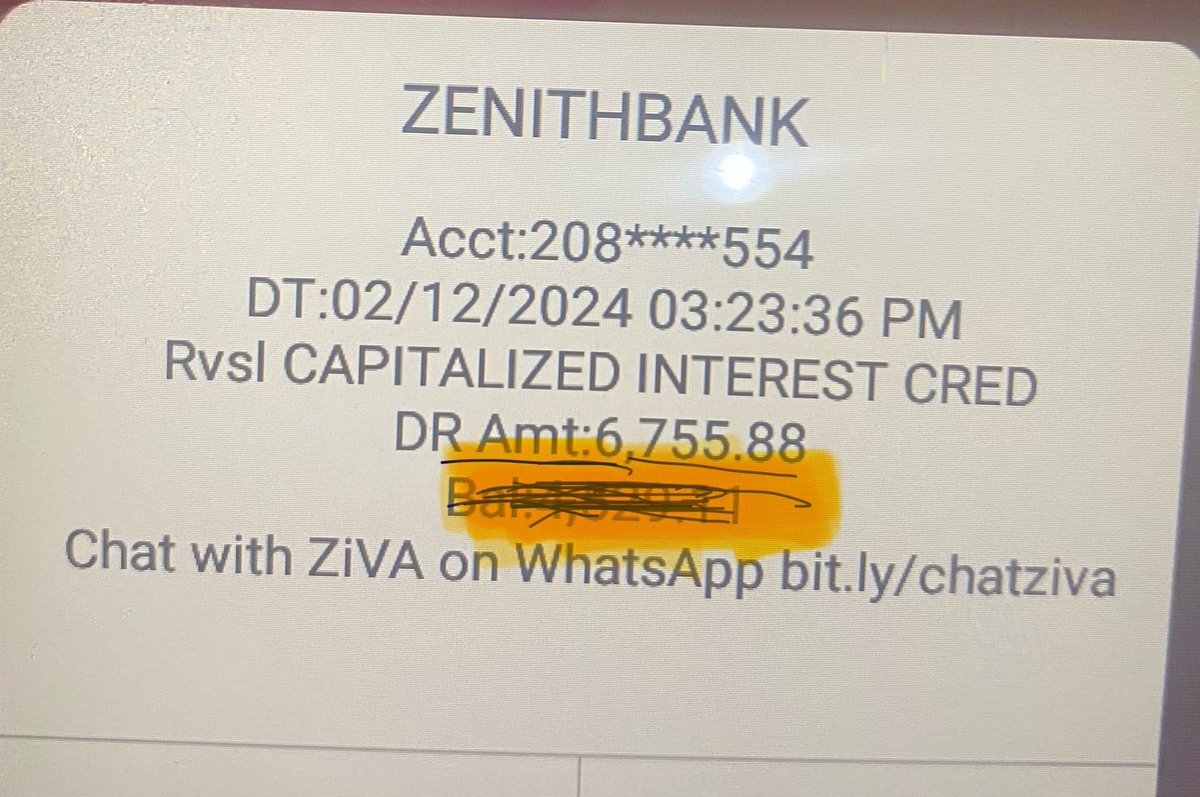 labluzmed's tweet photo. @ZenithBank please refund my money.
I don’t understand what RVSL capitalized interest credit means. I didn’t collect any loan from you and you deducted my N6,755.88 yesterday. Return my money back to my account. https://t.co/TdWJqVZ9Nc