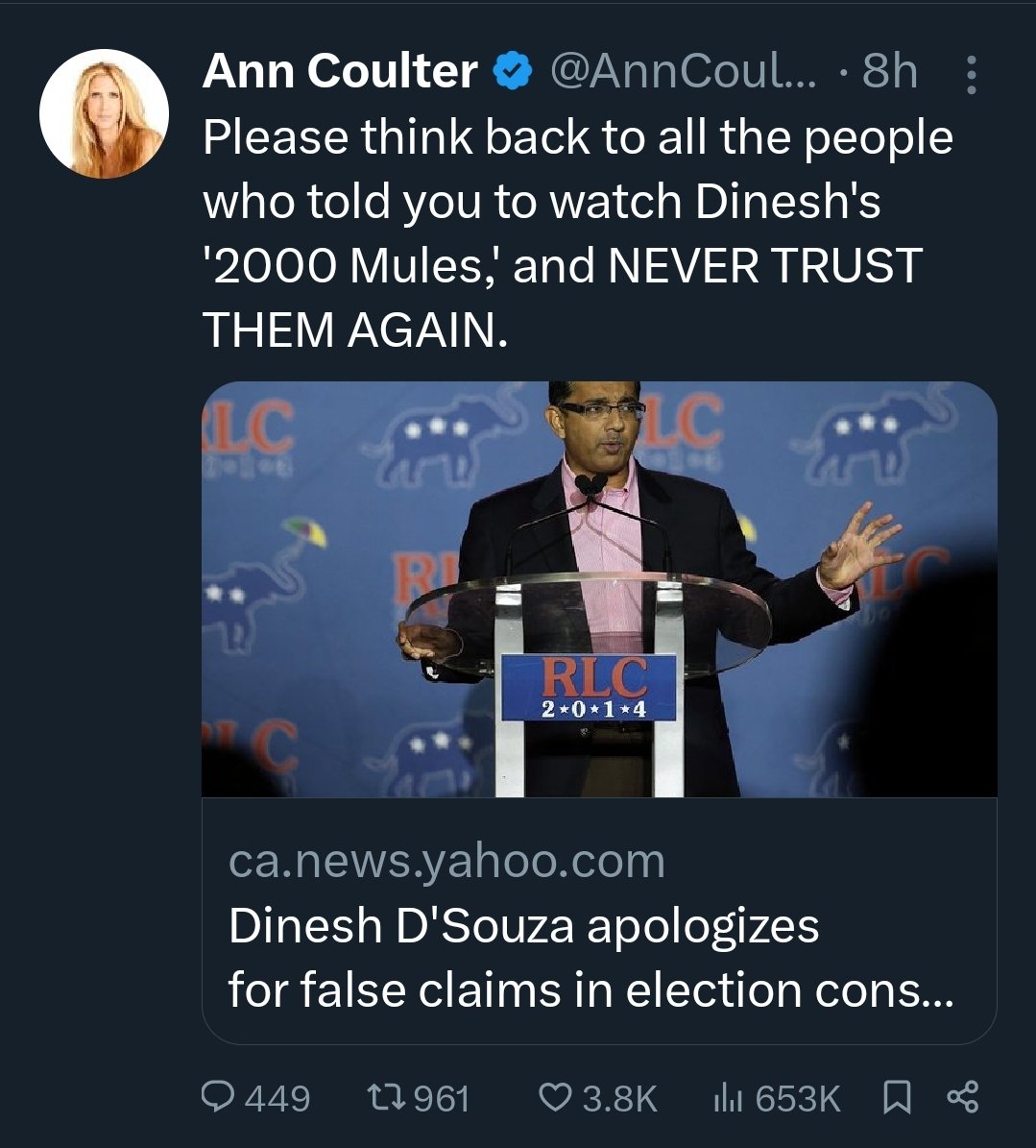 🤣🤣🤣🤣🤣 Is this Ann Coulter telling her fans to never trust her again?