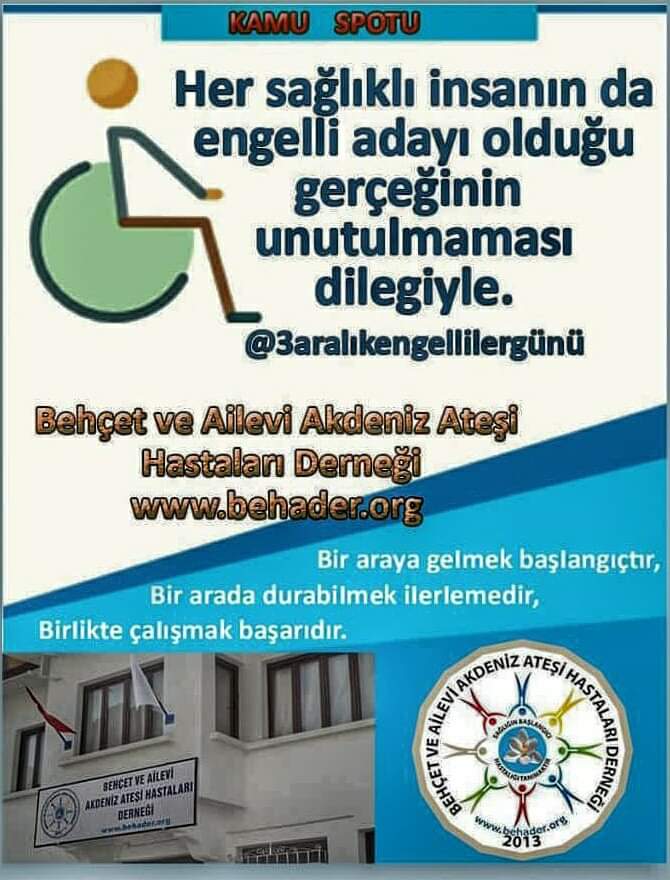 3 ARALIK Dünya Engelliler Günü 
Farkındalık, Dayanışma ve Bizler için mücadele günü. Birgün değil hergün hatırlanmak dileğiyle 
Çünkü; Ülkemizde 10 milyona yakın engelli var. Her geçen gün bu sayıya   iş meslek kazası vb ile onlarca kişi ekleniyor. 
#3AralikDunyaEngellilerGunu