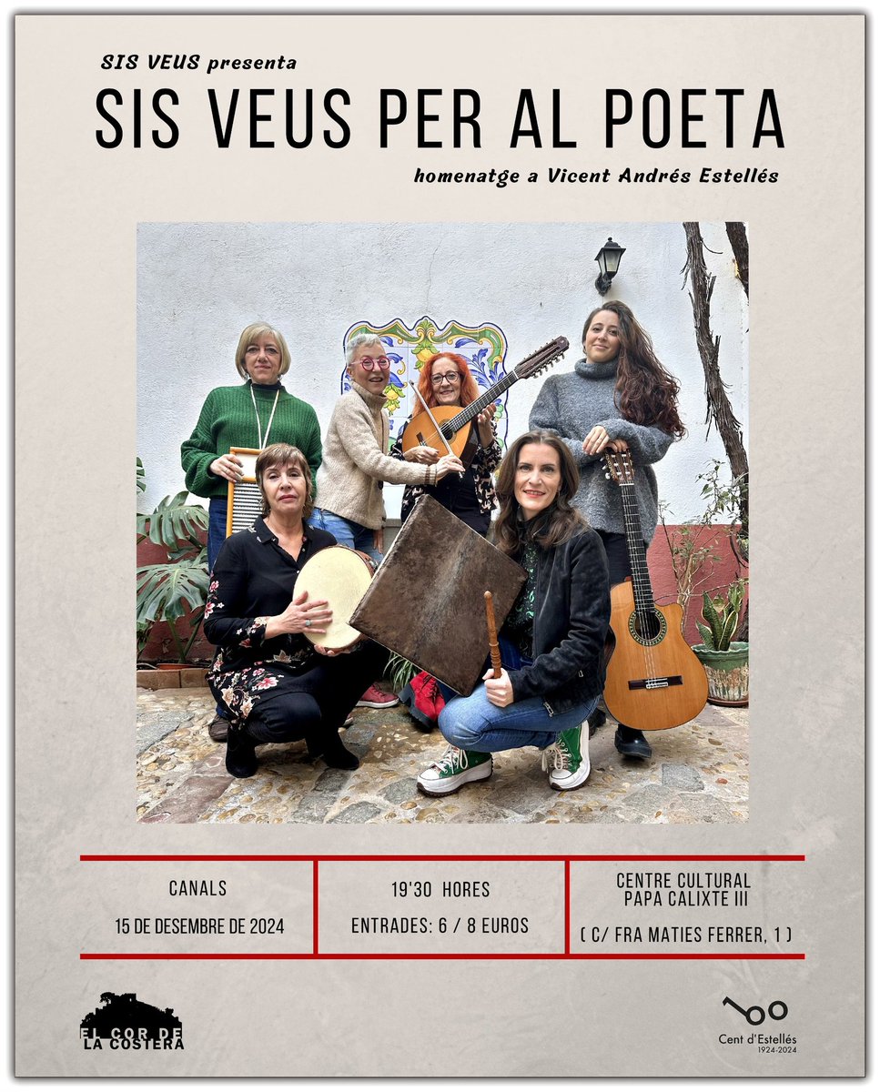 Bon dia

El pròxim 15 de desembre 19:30 h estarem a Canals al Centre Cultural Papa Calixt III

Venda anticipada d'entrades (6 €) agendacanals.com/espectaculo/5/…

I el dia del concert en la taquilla (8 €)

Us esperem!
