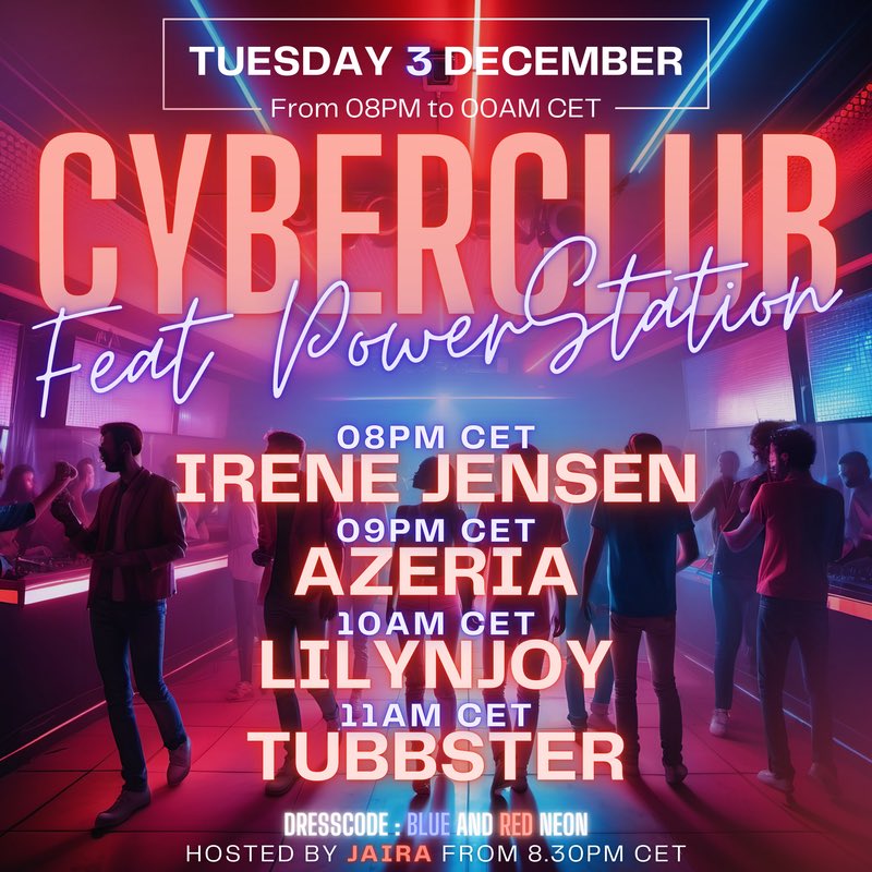 powerstation3dx's tweet photo. 🌟 Get ready for an electrifying night at Cyberclub feat. Power Station! 🎶
Join us tonight with 4 amazing DJs: Irene Jensen, Azeria, LilyNJoy, and Tubbster. Doors open at 8pm CET.
Don't miss out on the beats and vibes that will keep you dancing all night! 🚀✨
#Cyberclub #PowerStation3dx #3dxChat