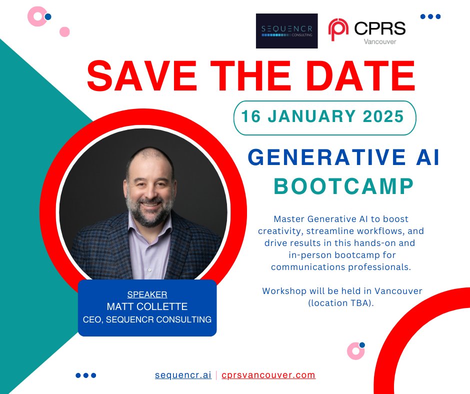 This January, take the leap into actionable expertise with the Generative AI Bootcamp by CPRS Vancouver and Sequencr Consulting.

📢 Act fast! Early-bird pricing ends December 13.

Transform your communications career—one AI-driven strategy at a time.
🔗 bit.ly/4g6AvaL