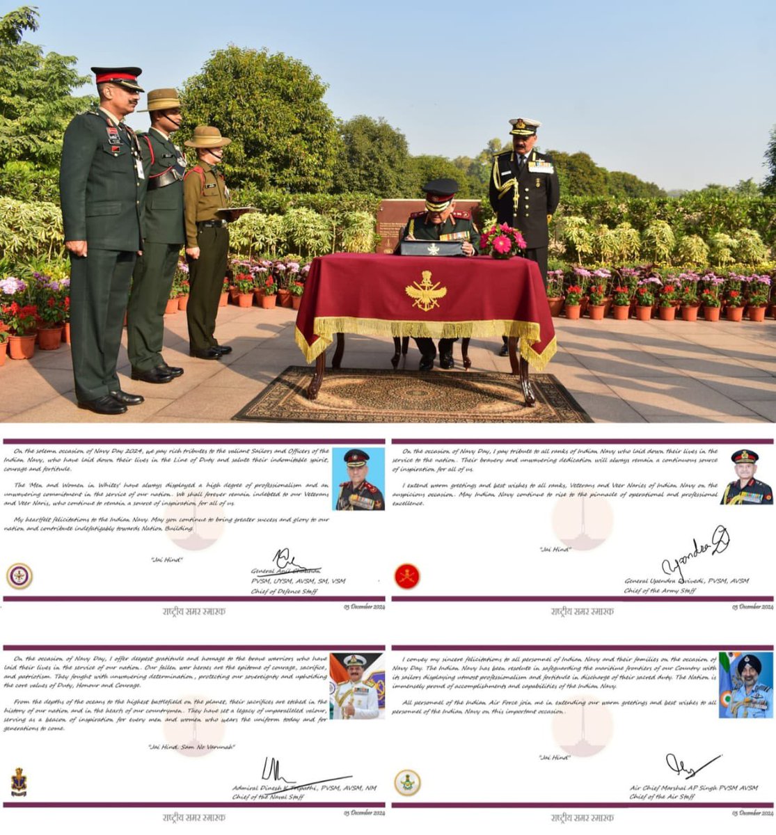 salute2soldier's tweet photo. With #IndianNavy celebrating #NavyDay at Puri in Odisha on #04December,the valiant service and supreme sacrifice of #Bravehearts was honoured in a solemn #WreathLaying ceremony at #NationalWarMemorial in which Gen Anil Chauhan,#CDS & Service Chiefs paid homage at #AmarJawanJyoti. https://t.co/N0BYmQtzZu