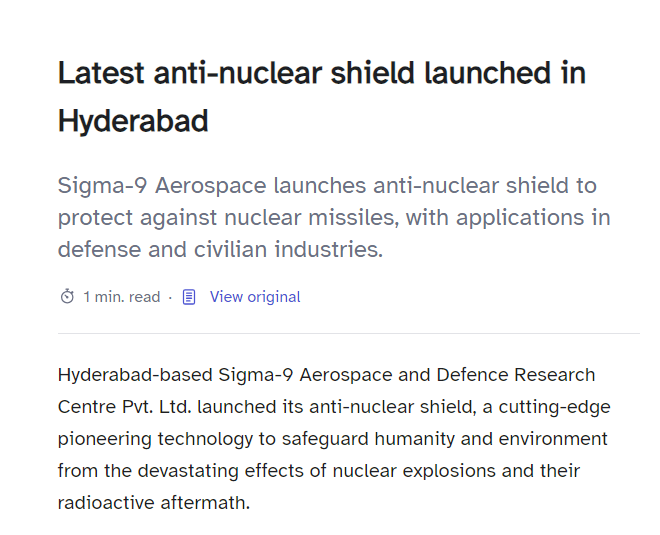 hydinfra's tweet photo. Hyderabad-based Sigma-9 Aerospace &amp; Defence Research Centre launched its anti-nuclear shield! 🛡️

A groundbreaking tech to protect humanity from nuclear threats
#hyderabad #DefenceTech #NuclearShield https://t.co/Dxi91V6EOV