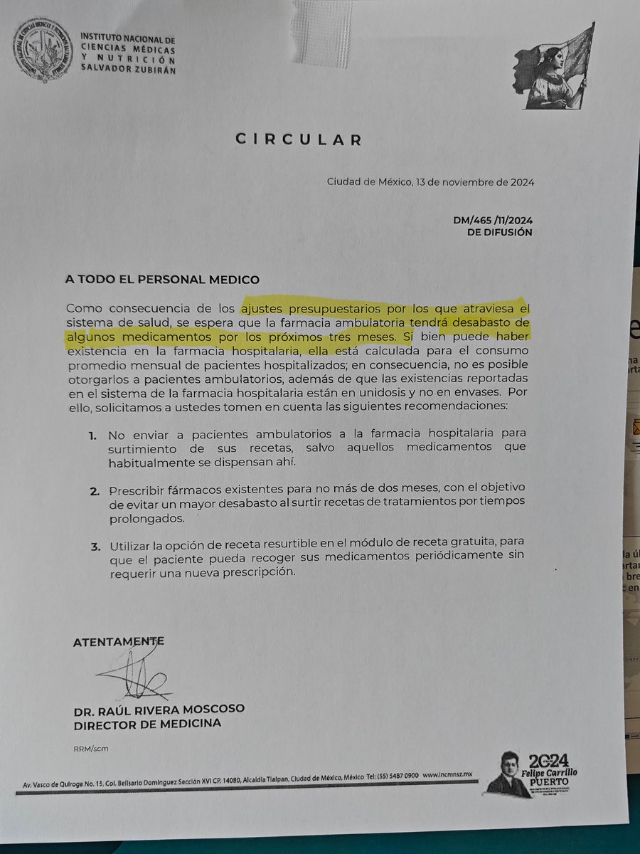 Tendrá desbasto el Instituto Nacional de Ciencias Medicas y Nutrición. Imagina cómo estará tu Unidad de Medicina Familiar.