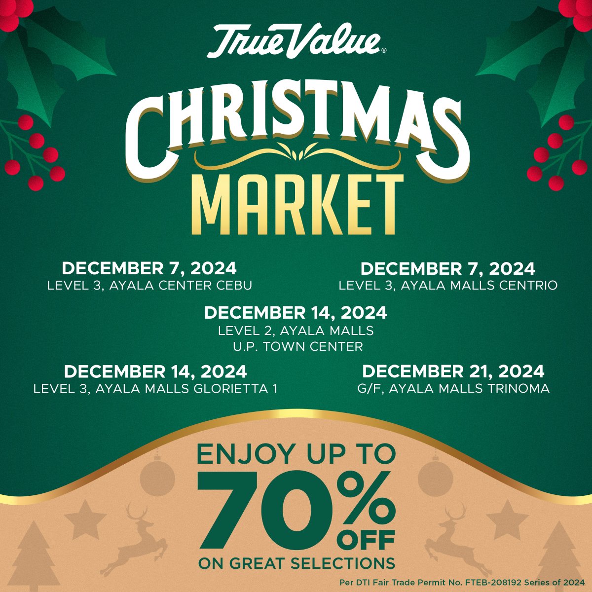 𝑻𝒉𝒆 𝒉𝒐𝒍𝒊𝒅𝒂𝒚 𝒔𝒆𝒂𝒔𝒐𝒏 𝒊𝒔 𝒉𝒆𝒓𝒆! 📷Mark your calendars and join us at the Christmas Market to enjoy up to 70% OFF on select items. Plus, be the top spender and win an exciting prize! See you there!

#ChristmasMarket #TrueValuePH