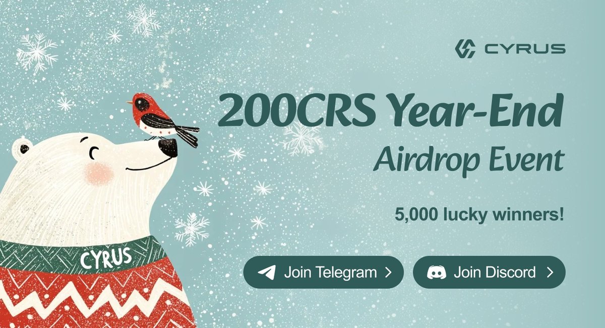 🎉 Join the Cyrus Year-End Airdrop!

💰 Earn up to 200 CRS tokens in our special event!

📌 How to Participate
1️⃣ Join our Telegram &amp; Discord channels.
2️⃣ Submit the Google Form and stay in the Telegram channel until Dec. 31.

✨ 5,000 lucky winners will be selected!

📅 Rewards