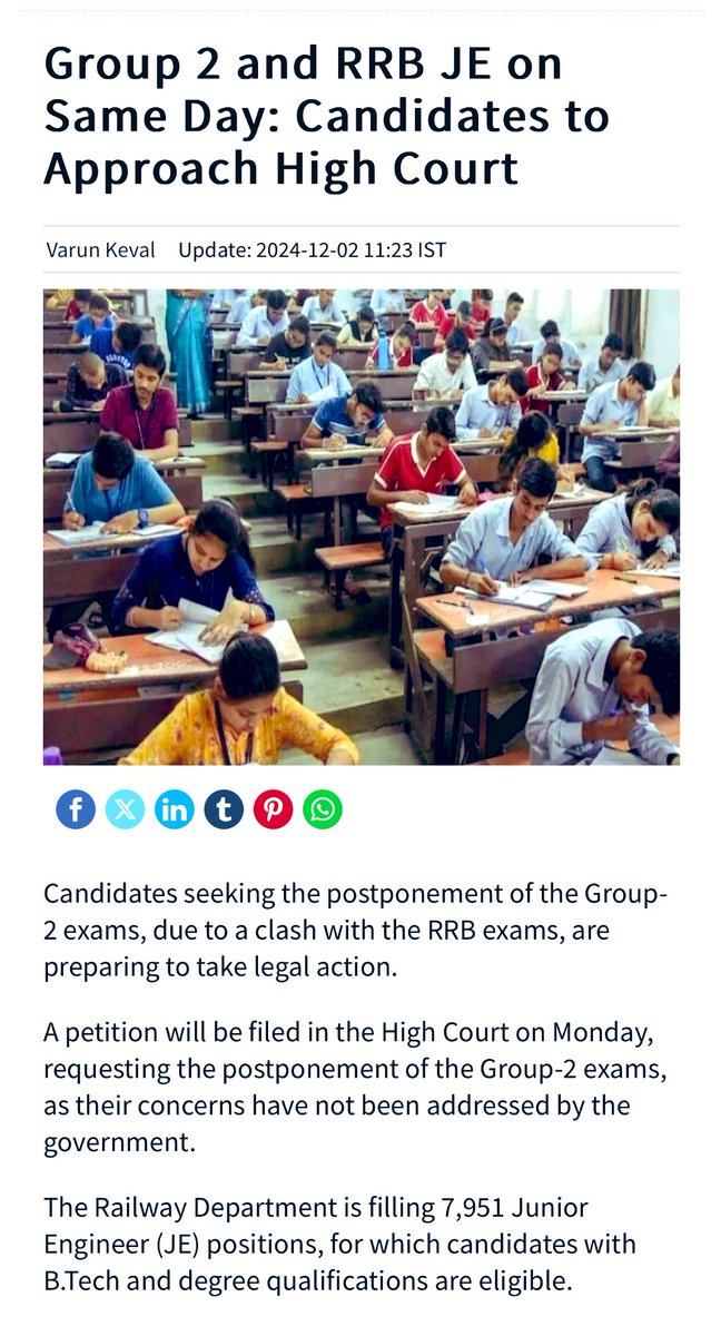 sravandasoju's tweet photo. An earnest appeal to 
Shri Revanth Reddy Garu to postpone #Group2 Exam considering the clash with #RRB exam on the same day
@TelanganaCMO @revanth_anumula @TelanganaCS 

It is customary and very crucial to set aside rigidity and exhibit compassion in resolving the pressing issue of overlapping employment notifications and exam schedules.
The clash between the #RRB exam and the #Group2 exam should have been anticipated by #TSPSC. 
However, it has left over 6,000+ aspirants in a state of despair, forcing them to make an unfair and heartbreaking choice between two opportunities for which they have worked tirelessly.

We strongly urge you to postpone the #Group2 exam to uphold fairness and justice for these aspirants.
Please do not compel innocent youth to endure the agony of seeking judicial intervention in the High Court for relief.
These young individuals represent the future of our state, striving to build meaningful careers and contribute to Telangana’s progress.
They place their faith in the State Government to pave the way for solutions, not to create hurdles in their path.

Kindly help them turn their dreams into reality and secure brighter futures. A small yet your impactful decision taken with empathy and foresight will stand as a testament to rational governance with humanity.

Let us help our youth, not hinder their aspirations.

Sincerely,
Dr Sravan Dasoju 
BRS

@Bhatti_Mallu @UttamINC @DamodarCilarapu @KomatireddyKVR @OffDSB @Ponnam_INC @mpponguleti @Bmaheshgoud6666 @MYaskhi @KondaSurekha @meeseethakka @jupallyk_rao @MKodandaReddy