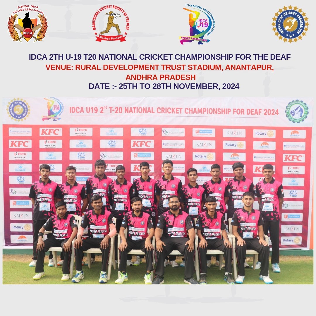 bdca2021's tweet photo. IDCA 2 th U-19 T20 National Cricket Championship for the Deaf.
Dates: 25th to 28th November 2024
Venue: Rural Development Trust Stadium, Anantapur, Andhra Pradesh
#MCSD | #IDCA | #t20cricket | #TeamMadhyaPradesh
#bdca21  #bhopaldeafcricketassociation #mscd #mcsd #bhopaldeaf https://t.co/BE74cwgTC9