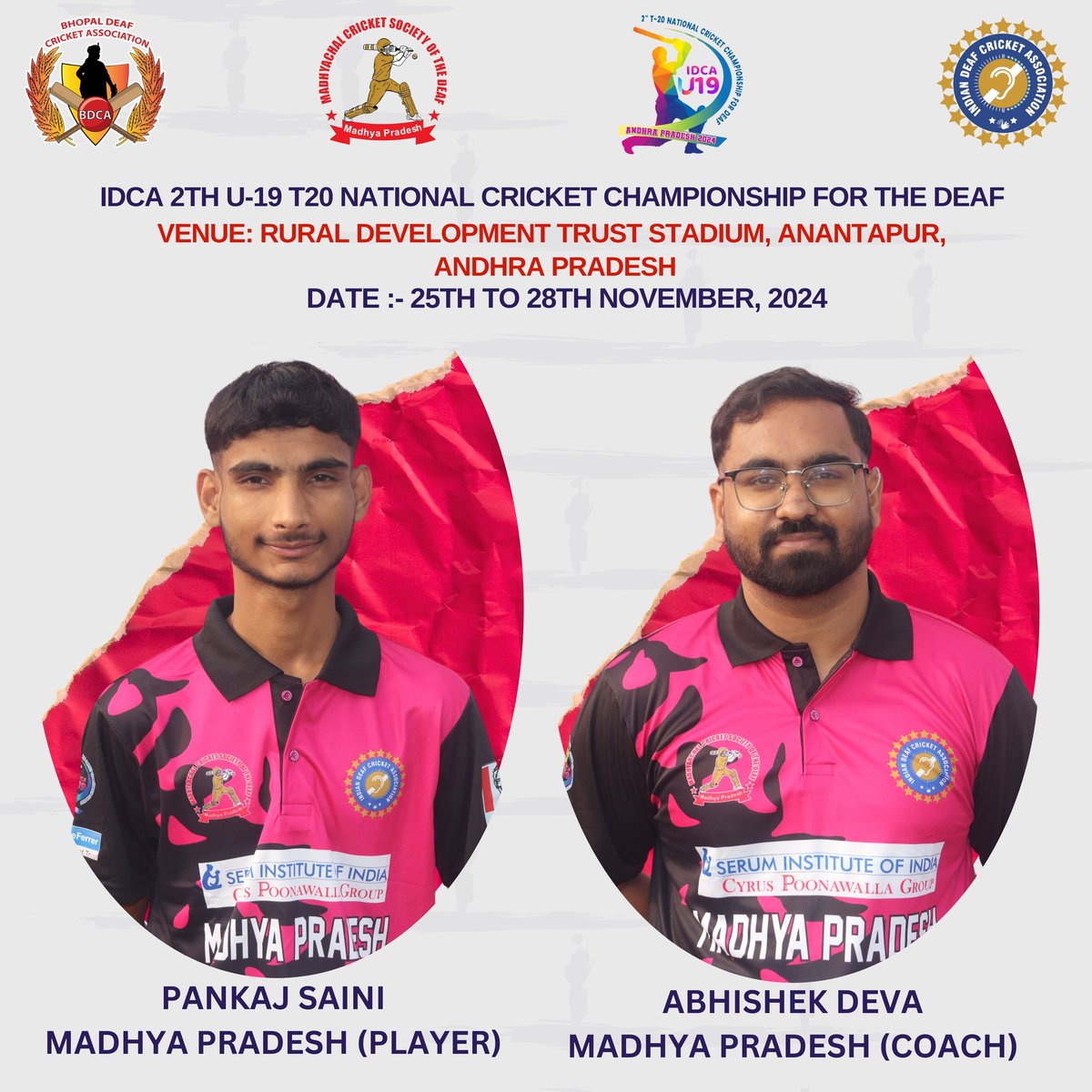 bdca2021's tweet photo. IDCA 2 th U-19 T20 National Cricket Championship for the Deaf.
Dates: 25th to 28th November 2024
Venue: Rural Development Trust Stadium, Anantapur, Andhra Pradesh
#MCSD | #IDCA | #t20cricket | #TeamMadhyaPradesh
#bdca21  #bhopaldeafcricketassociation #mscd #mcsd #bhopaldeaf https://t.co/BE74cwgTC9