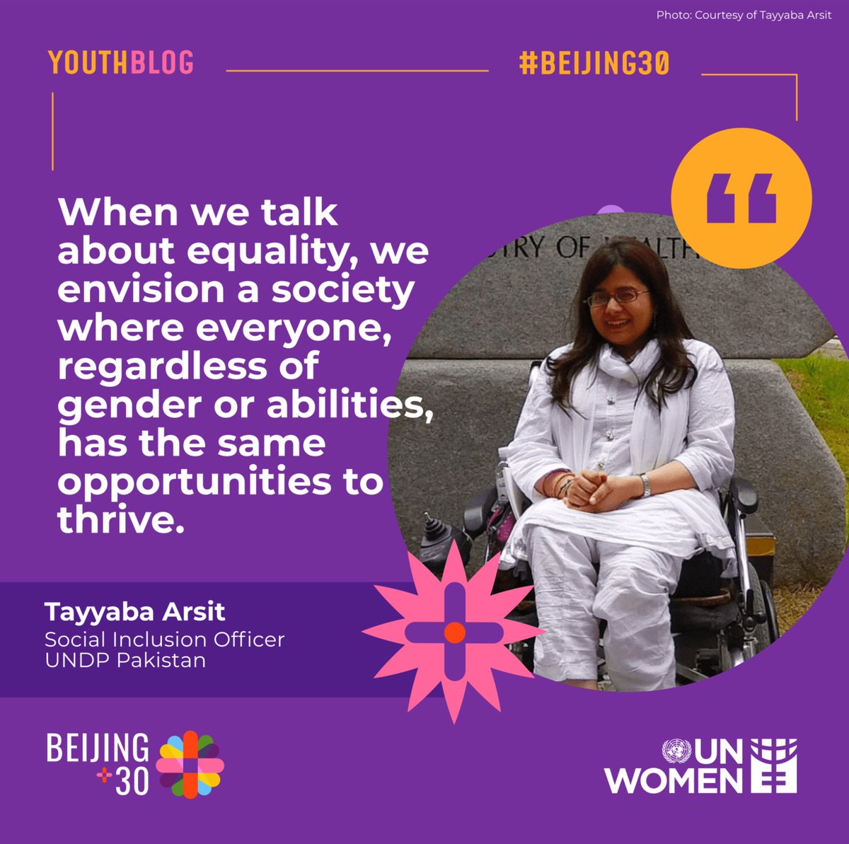 unwomenasia's tweet photo. "In Pakistan, only 24% women with disabilities are aware of their human rights, and over 65% face barriers accessing public services," says Tayyaba Arsit, @UNDP Social Inclusion Officer.
🔗 Read more in the #Beijing30 #YouthBlog: https://t.co/NQH0oyAGuM https://t.co/9L0kscqf3u