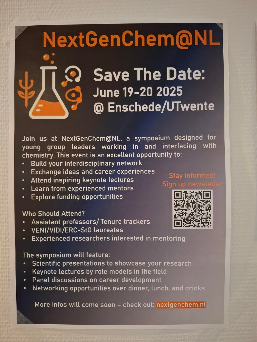 If you are a young PI in Chemistry or a related discipline and want to connect to a vibrant network in the Netherlands, join the #NextGenChemNL Symposium 2025 in Enschede on June 19th and 20th. You can sign up for the newsletter to not miss anything: docs.google.com/forms/d/e/1FAI…