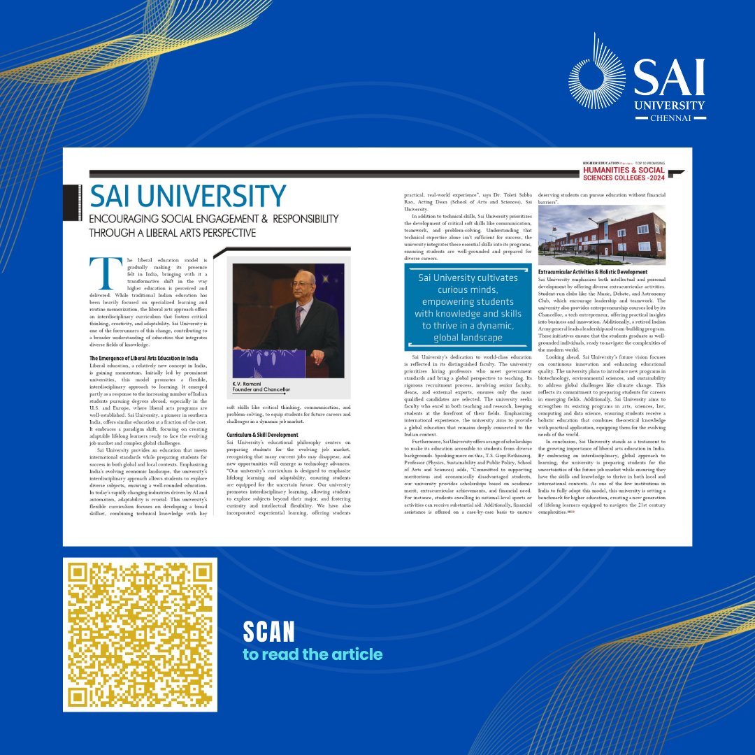 Sai University has been recognized in the Higher Education Review magazine's esteemed list of 'Top 10 Promising Humanities &amp; Social Sciences Colleges - 2024.' Click here to read the featured article

thehighereducationreview.com/institution/sa…