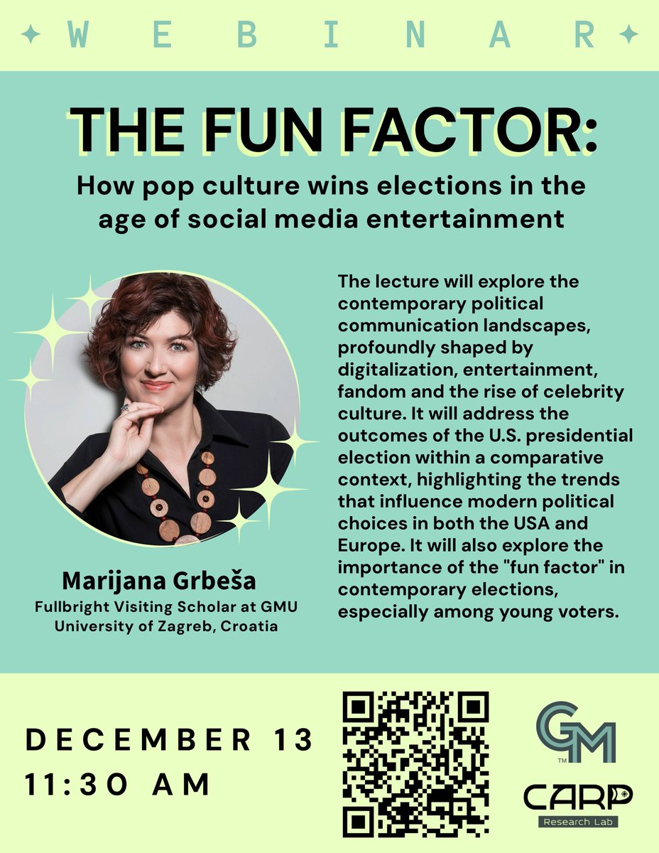 📢 Join us for a #webinar on Friday, December 13th at 11:30AM with Marijana Grbesa, a professor at the University of Zagreb in Croatia and Fullbright scholar at George Mason University. The lecture will be on politics in the age of social media. Make sure to tune in!