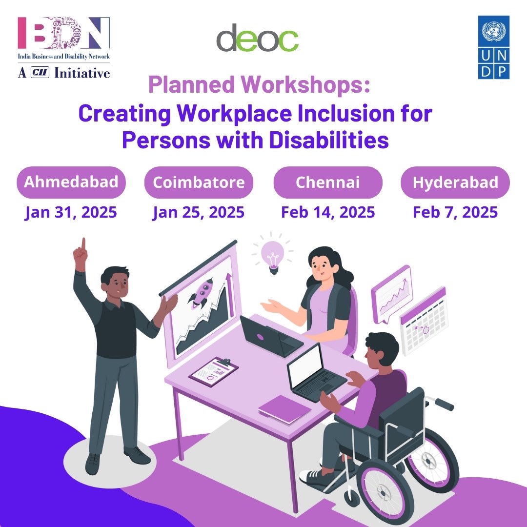 Championing diversity and equal opportunities at workplace!
 
📢 <a href="/UNDP_India/">UNDP India</a> &amp; DEOC invites organizations &amp; individuals for a series of workshop aimed at promoting inclusive workplaces for Persons with Disabilities. 
 
RSVP 🔗: t.ly/RjGIM

#DisabilityDay #IDPD