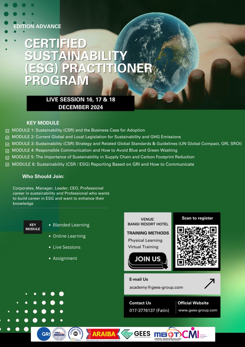 hsegroupMY's tweet photo. DONT MISS THE CHANCE!

🌍 Join the Certified Sustainability (ESG) Practitioner Program 🌍

💼 Fee: Physical: RM 6,582/ Virtual: RM 5,882 (excluding 8% SST)

Limited slots available
📲 Contact us: +6017-3776137 (Fatin) / (Aishah) +6012-6530882

Register Now
https://t.co/F5HuuBffuh https://t.co/B0kwIKXXlH
