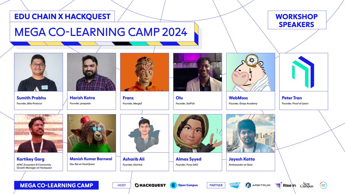 Meet our seasoned speakers for EDU x HackQuest Mega Co-learning Camp 🌟

Hosted with <a href="/opencampus_xyz/">Open Campus</a>, except insightful mentors, we’ll host workshops with invited winners from EDU Chain Semester 1, and founders from Open Campus Incubator to share their secrets to winning 🏆

Have