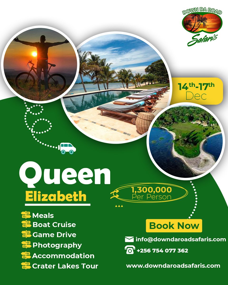 DaSafaris's tweet photo. This Festive Season, Let’s Explore Queen Elizabeth National Park!
Ready for an unforgettable adventure?  Join us for an epic trip filled with wildlife, stunning views, boat safaris, and memories to last a lifetime!
#TravelWithUs
#FestiveSeason
#ExploreUganda
#DownDaRoadSafaris https://t.co/8941boJHzp