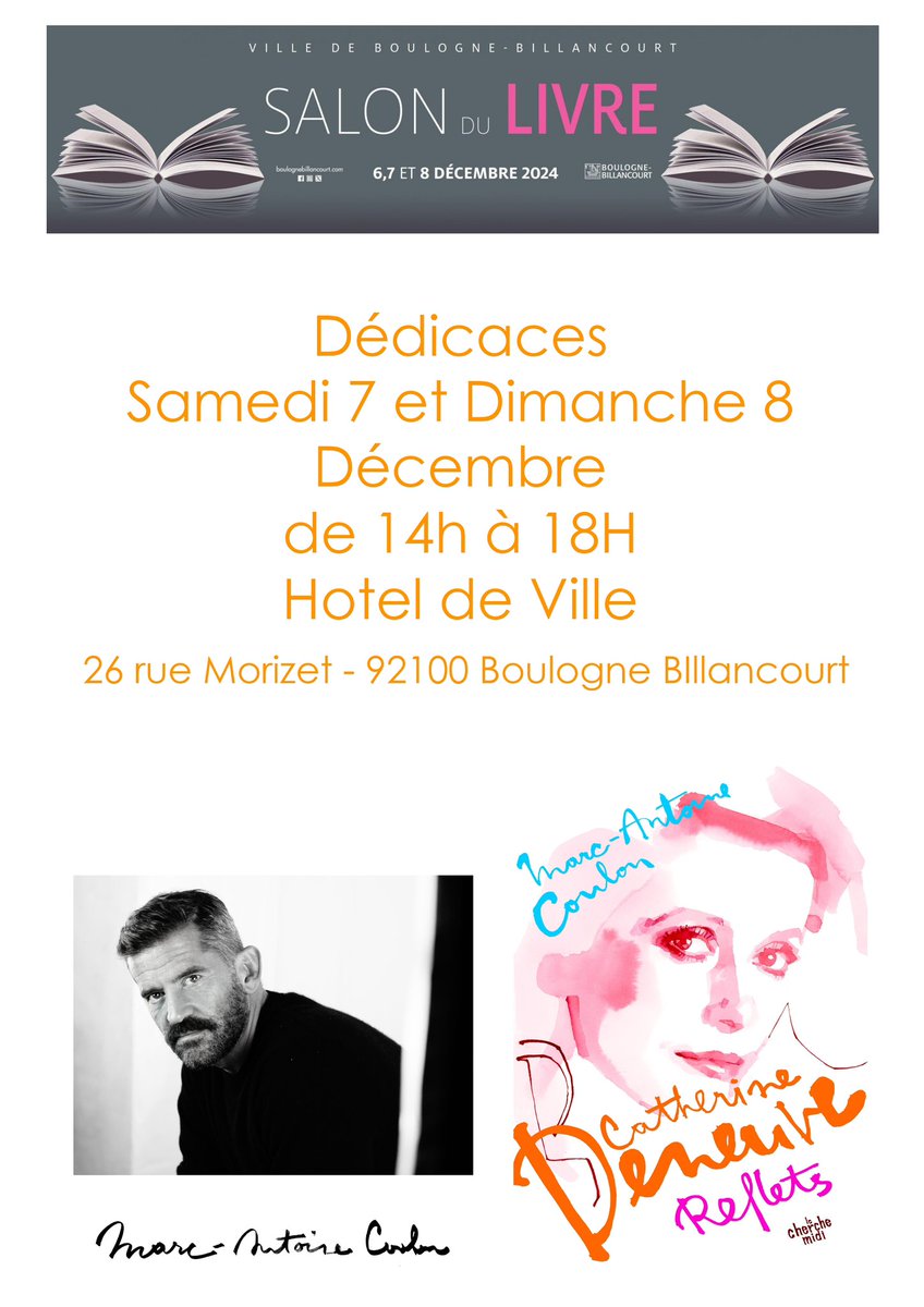 Salon du livre de Boulogne <a href="/Ville_BoulogneB/">Ville de Boulogne-Billancourt</a> samedi 7 et dimanche 8 décembre de 14h à 18h Hôtel de Ville - dédicace <a href="/MACOULON/">MARC ANTOINE COULON</a> 🌹