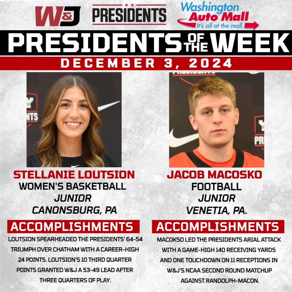 Congratulations to our Washington Auto Mall Presidents of the Week - Stellanie Loutsion (Women’s Basketball) and Jacob Macosko (Football)!

#PrezPride 🔴⚫️