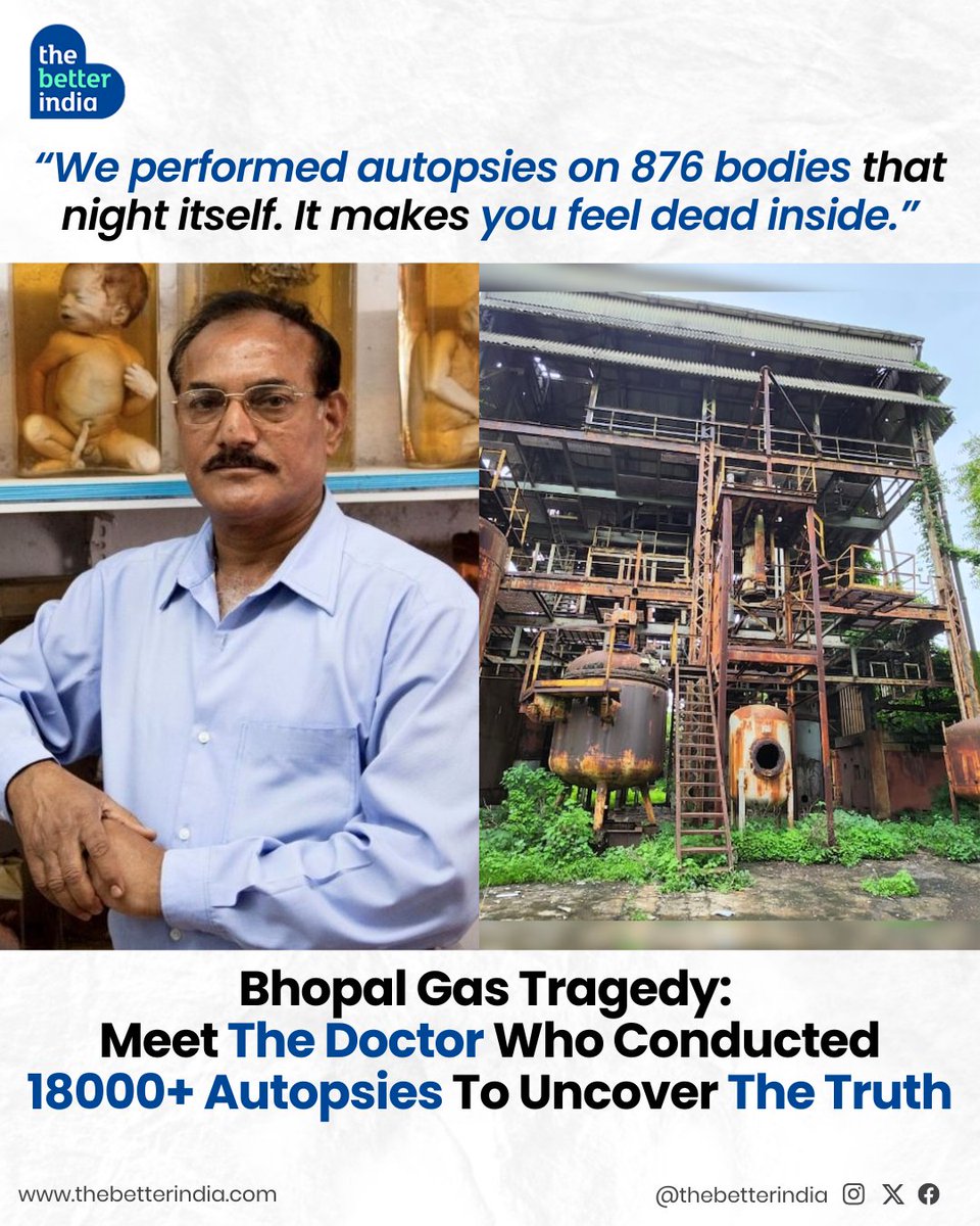 thebetterindia's tweet photo. Dr Divya Kishore Satpathy vividly recalls the overwhelming horror of the Bhopal Gas Tragedy — hundreds of lifeless bodies, each a heartbreaking symbol of the devastation.>>

#BhopalGasTragedy #DrDivyaKishoreSatpathy #BhopalDisaster #BhopalTragedySurvivors https://t.co/VMi1qE1Opj