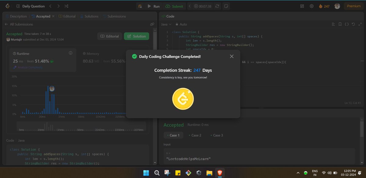 MuntajirGazi's tweet image. Day 247 of #DailyCodingChallenge
✅ LeetCode POTD: 2109. Adding Spaces to a String