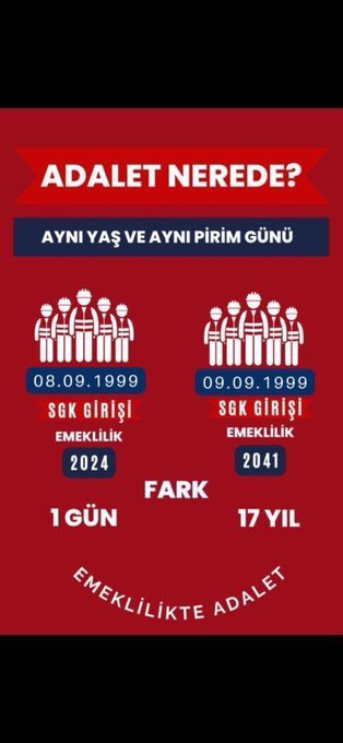 Tevbas's tweet image. Adalet Nerede?

Aynı yaşta ve aynı prim gününe sahip iki bireyden biri, sadece bir gün farkla 17 yıl daha geç emekli oluyor! 08.09.1999 tarihinde SGK’ya giriş yapan kişi 2023 yılında emekli olurken, 09.09.1999 tarihinde giriş yapan kişi 2041 yılında emekli olacak. Bu tablo,
