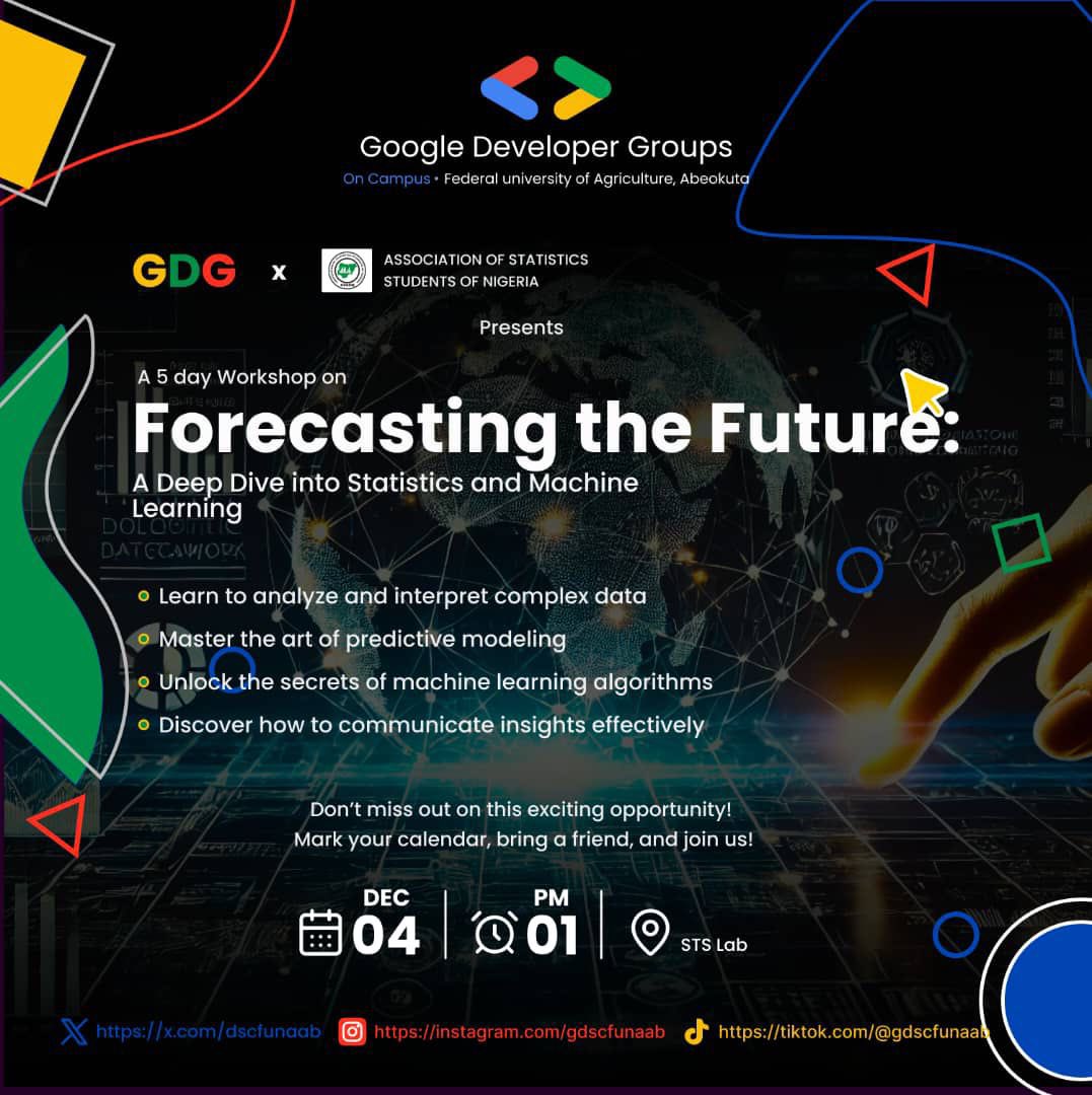 assonfunaab's tweet photo. Unlock the power of prediction! Join our 5-day workshop on statistics and machine learning to upskill and network with like-minded professionals. #ForecastingTheFuture #Statistics #MachineLearning. https://t.co/TLSGS9wMPk