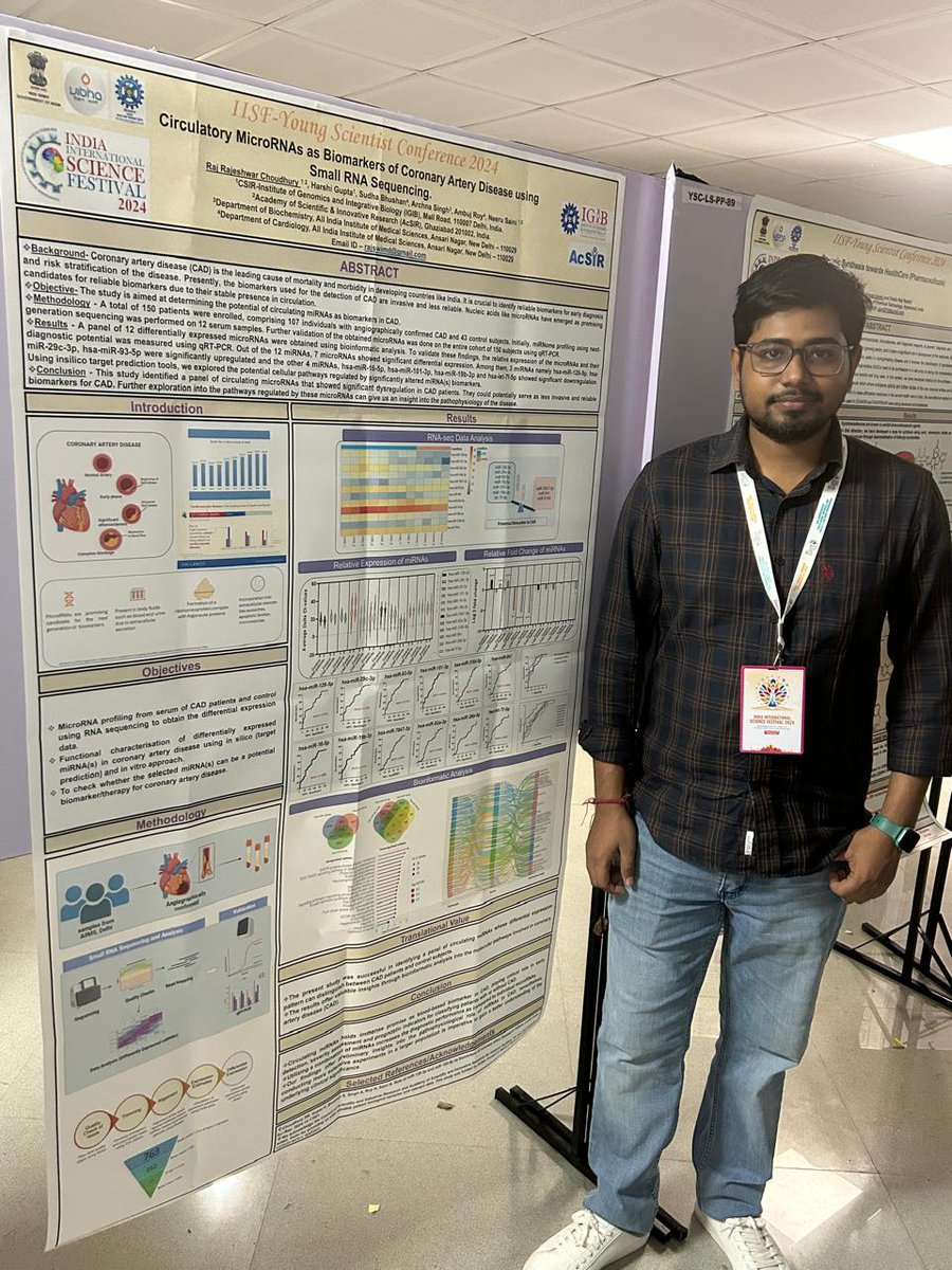 sangee_felix's tweet image. Day 2 &amp;amp; 3, IISF 2024 @IITGuwahati 
Raj Rajeshwar Choudhury, PhD student from Dr Neeru Saini&apos;s Lab presented a poster on &apos;Circulatory MicroRNAs as Biomarkers of Coronary Artery Disease using small RNA Sequencing&apos;
@IGIBSocial @CSIR_IND