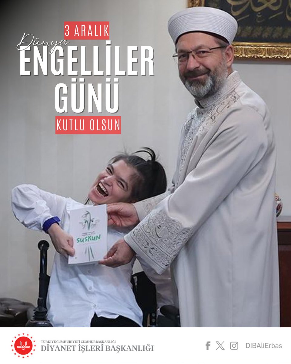Bütün engelli kardeşlerimin #3AralıkDünyaEngellilerGünü'nü kutluyor, kendilerine mutlu, huzurlu bir hayat diliyorum. Diyanet İşleri Başkanlığı olarak bütün mensuplarımızla her zaman yanlarında olduğumuzu bir kere daha ifade etmek istiyorum. 

Allah Resulü (s.a.s.), engellileri,