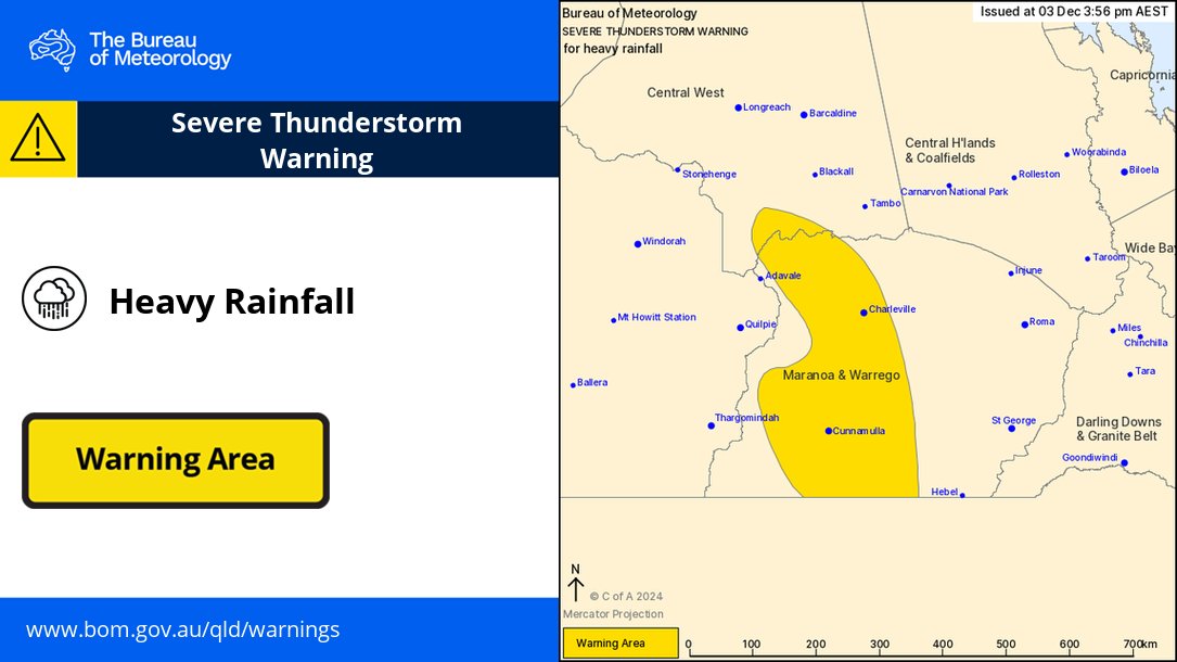 Issued at 3:56pm:
Severe thunderstorms are likely to produce heavy rainfall that may lead to flash flooding in the warning area over the next several hours. 
Warning: ow.ly/5NJg50UjF8j
#Charleville #Cunnamulla #Eulo #Barringun #Wyandra