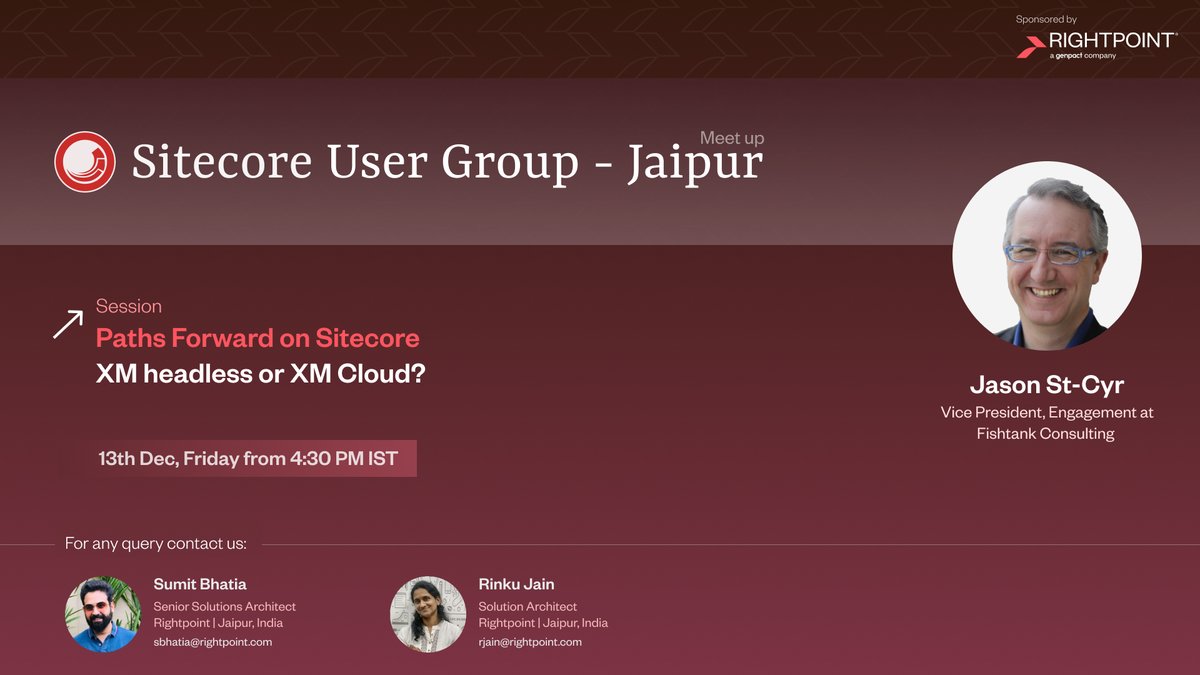 RinkuJain79's tweet image. Sitecore User Group Jaipur is coming up with next webinar on "Paths Forward on Sitecore: XM headless or XM Cloud?" by @StCyrThoughts
Community: community.sitecore.com/community?id=c…
Meetup: meetup.com/sitecore-user-…
Date: 12/13/2024
@WeAreSitecore @Sitecore @SitecoreMVP #sitecorelearning